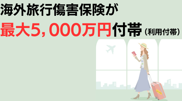 海外旅行傷害保険が最大5,000万円（利用付帯）